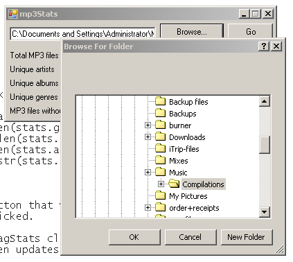 mp3Stats with folder selection dialog open.